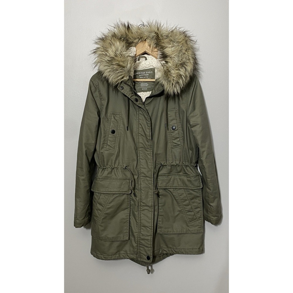 American Eagle Jacket Womens Small Olive Green Faux Fur Hood Sherpa Lined Parka